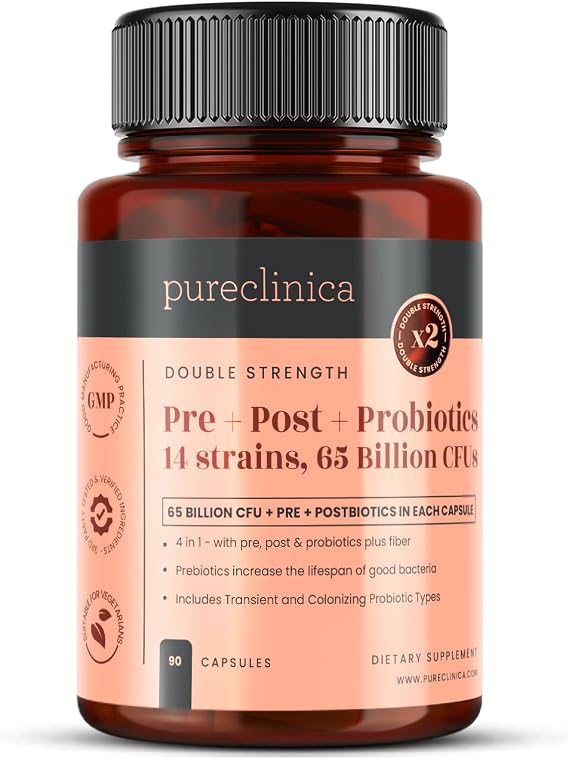 pureclinica 65 Billion CFU Probiotic Supplement x 90 Capsules 14 Strains with Prebiotics & Postbiotics 3 Month's Supply | 14 Strains, With Prebiotics & Postbiotics, 3 Month's Supply
