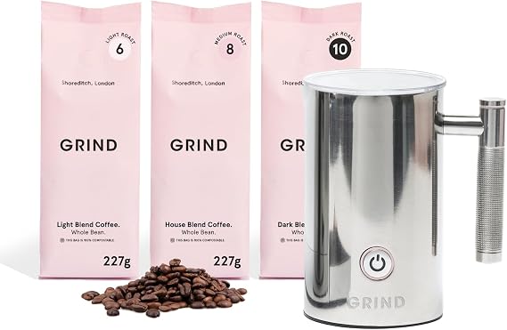 Grind Coffee Station Bundle – 3x 227g of House/Dark/Light Whole Bean Pack with 3-in-1 Milk Frother – 100% Arabica – Specialty Grade – Save 12%