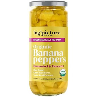 Big Picture Foods Banana Pepper/Rings in Jar - Enhance Your Culinary Creations with Sun-Ripened Goodness! Regeneratively Grown, Pre-Sliced, and Packed with Pure Flavor.- Net Wt. 12oz (340g)
