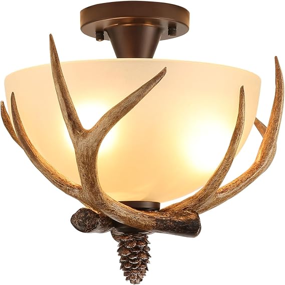 Deer Ceiling Lights, Antler Vintage Farmhouse Rustic Ceiling Light Fixture, 3 Lamp Holders Pine Cones Elk Xmas Decor Dining Room Foyer Ceiling Light Lamp
