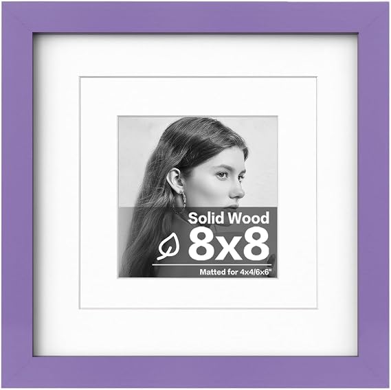 Egofine 8x8 Picture Frame Made of Solid Wood with Plexiglass, Display Pictures 4x4/6x6 with Mat or 8x8 Without Mat for Tabletop and Wall Mounting, Purple