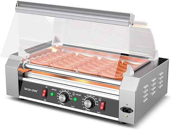 Leconchef Commercial Electric 7 Hot Dog Roller Grill Machine | 1200W Stainless Steel, Dual Temp Control, Detachable Glass Cover, LED for Kitchen Canteen