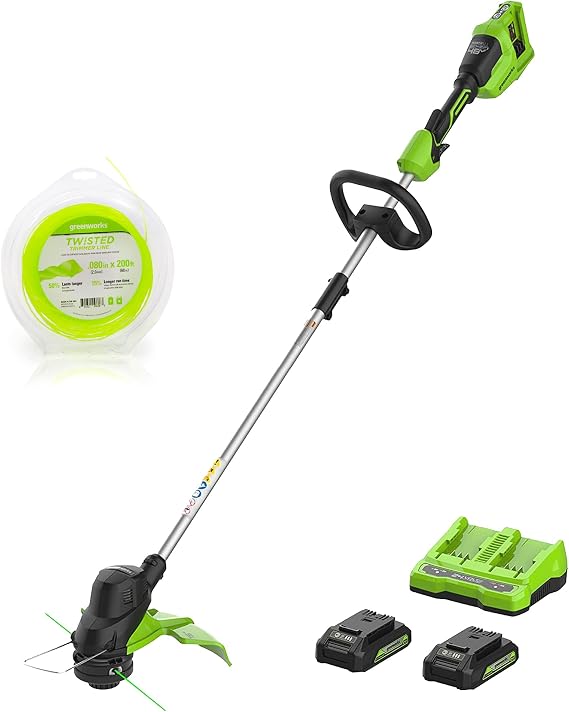 Greenworks 2 x 24V (48V) 15" String Trimmer .080" (200 FT) Trimmer Line, (2) 2.0Ah USB Batteries and 4A Dual Port Charger Included