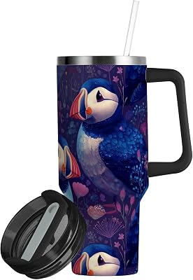 Wildlife Car Tumbler with Handle Neon Puffins Travel Mug Coffee Cup Insulated Beverage Container Mega Cup for Hot Cold Drinking Water Bottle Cupholder Friendly 40 oz
