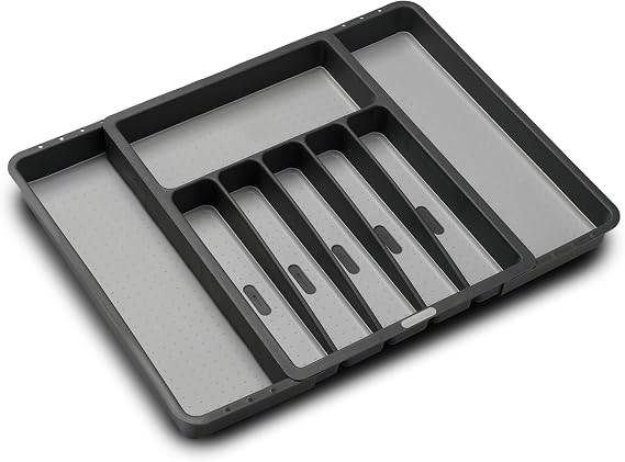 madesmart Classic Expandable Compartment Silverware Tray, Granite | non slip feet, rounded corners, dual side expansion, 6 to 8 compartments, secure snap sides, soft grip lining, woman owned
