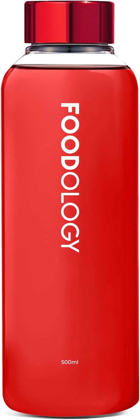FOODOLOGY Bottle for Drink Mix (Red, 16.9fl oz) - Leak Proof, Lightweight, Durable Sports Water Bottle. Reusable for Gym, Outdoor, Travel. BPA Free, Clear Beverage Container with Marker