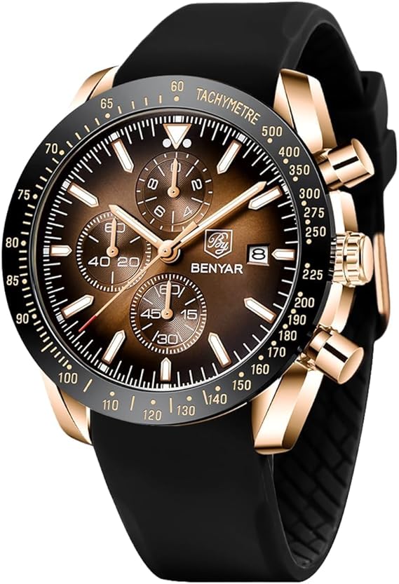 BENYAR By Men's Watch Brown Leather Strap Quartz Chronograph Watch Men Date Calendar Waterproof Watch Men's Sport with Blue/Black Dial