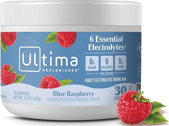 Ultima Replenisher Blue Raspberry Electrolytes Powder, 30-Serving Canister | Daily Zero Sugar Hydration Powder with 6 Key Electrolytes & Minerals - Sugar Free, Plant Based & Keto Friendly