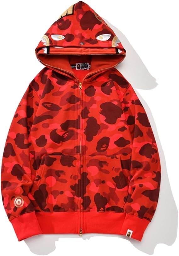 24ss Trendy BAP Shark Head Couple Fashionable Casual Double Hat Camouflage Hoodie-color2||L