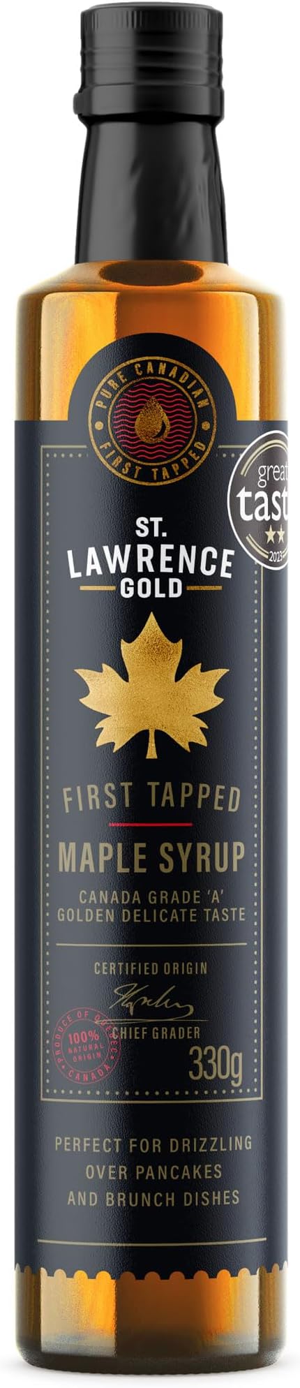 St Lawrence Gold First Tapped Maple Syrup Special Edition 330g – 100% Pure Canadian Grade A Delicate Taste, Early Harvest from Quebec, Ideal for Pancakes, Salads & Brunch
