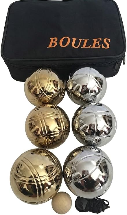 Listing -73mm Metal Set for Petanque, Boules and Bocce - with 6 Gold and Silver balls, black bag, wood pallino and measuring device