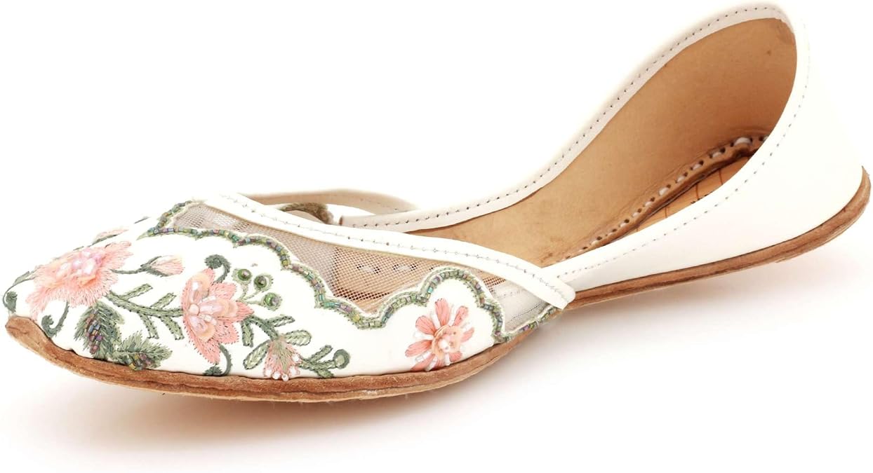 Womens Floral Embroidered Punjabi Khussa Flats Handmade Ethnic Mojari Slip-On Traditional Threadwork Bridal Wedding Party Festiv Ladies Shoes Size