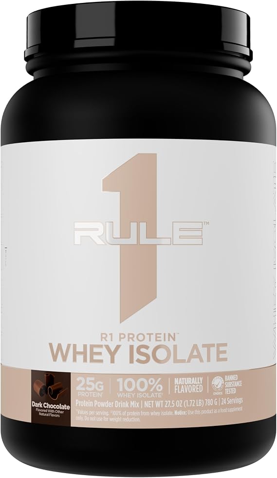 Rule 1 Naturally Flavored R1 Protein Whey Isolate, Dark Chocolate, 24 Serv | 25g of Protein Exclusively from Whey Isolates and Hydrolysate isolates for Workout Recovery and anytime use