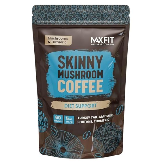 Skinny Instant Mushroom Coffee (60 Servings) Mental Focus Plus Diet Support - Turkey Tail, Maitake, Shiitake & Turmeric, Mixed With Gourmet 100% Arabica Medium Roast Instant Coffee