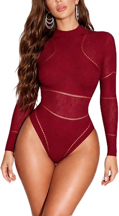 AVZXSA Women's Sexy Lace Bodysuit Long Sleeve Mock Neck Top