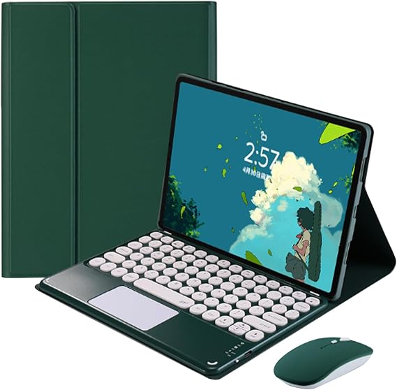 Touchpad Keyboard Case with Mouse for Lenovo Tab P11 Plus 2021 / Tab P11 2020 11" (Model: TB-J606F TB-J606X TB-J616F), Folio Keyboard Case Cover with Cute Round Key Wireless Keyboard, DarkGreen