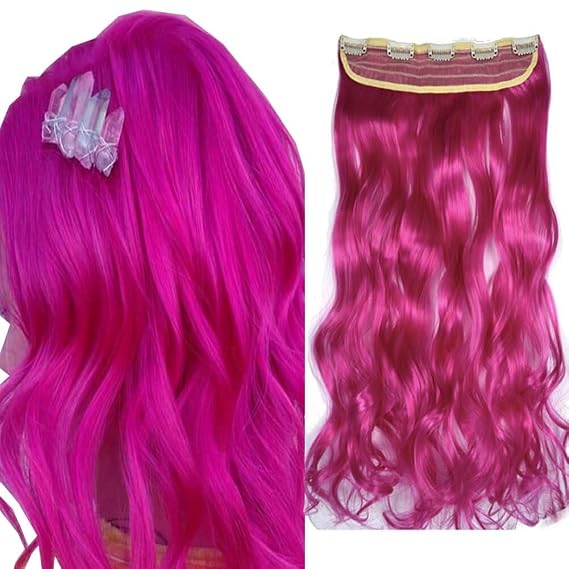 Hot Pink Cosplay Wedding Synthetic Hair Clip in Long Curly Extensions 100g 24" Wavy Thick Hairpiece Hair Extensions 5 Clips on Synthetic Hair Extension for Party