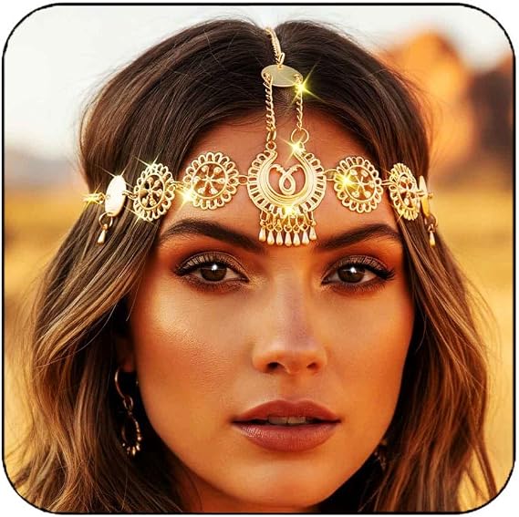 Boho Head Chain Gold Vintage Headpiece Water Drop Tassel Hair Accessories Festival Headband for Women(A)