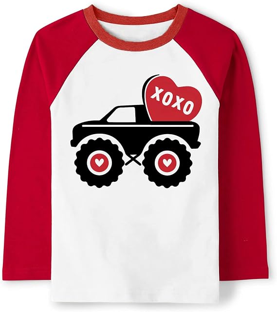 Valentine's Shirt for Boys Girls Monster Truck Heart Tops V-Day Toddler Kids Long Sleeve Raglan Tees