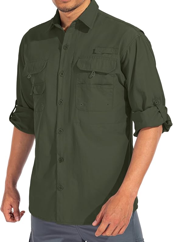 linlon Mens Safari Shirts Long Sleeve UV Sun Protection Hiking Fishing