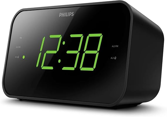 Philips Digital Alarm Clock Radio, FM Radio Alarm Clocks for Bedrooms, Dual Alarm Clock Radios for Bedroom with Battery Backup, Sleep Timer Function, Easy Snooze and Large LED Display - Black