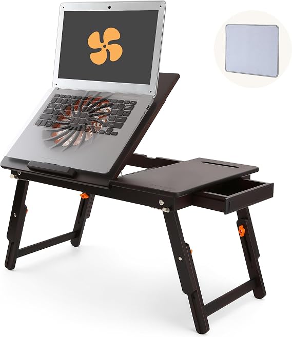 Laptop Desk for Bed with Fan Nnewvante 7 Angles & 4 Heights Adjustable Bamboo Laptop Table Foldable Lap Desk with Drawer and Phone Slot for Bed Floor Sofa, Black Walnut