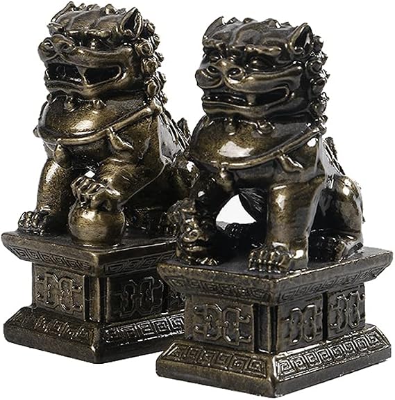 Wealth Porsperity Pair of Fu Foo Dogs Guardian Lion Statues Traditional Chinese Guardian Lion Statues Resin Finish Feng Shui Decor for Indoor Outdoor Placement (Color : Bronze)