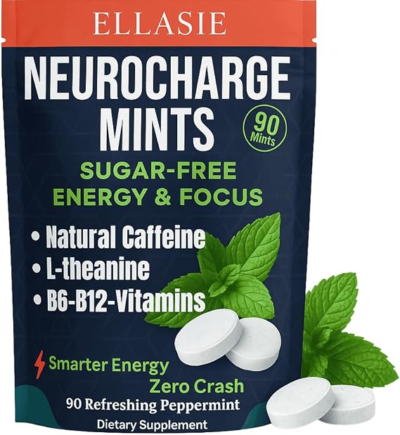 NeuroCharge Bullet Mint Chews (Gum Alternative) Peppermint 90 Sugar Free | 80mg Natural Caffeine + 120mg L-Theanine per Serving | Vitamin B12 & B6 | Work Study Gym Gaming | Ellasie