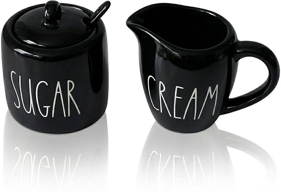 Sugar and Creamer Set, Cream Container and Sugar Holder Set for Coffee Bar, Farmhouse Sugar Bowl with Lid and Spoon, Ceramic Sugar Dispenser and Creamer Pitcher Set for Countertop (Black)