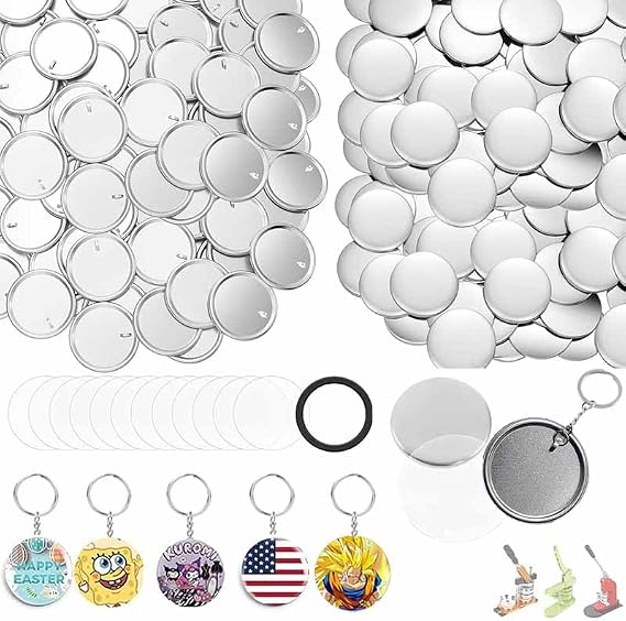 50 Piece Button Machine Keychain Supplies, 58mm/2.25 inch Pin Making Kit for Button Maker Machine, Metal Button Badge Sets with Metal Shell Back Cover, Transparent Film and Chain Head
