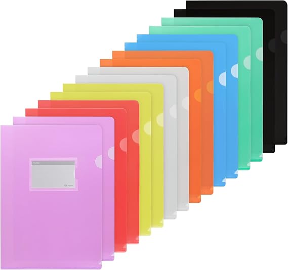 Agoer Pack of 16 A4 File Wallets Open Side Transparent Pockets Colourful with Label Pocket 8 Colours Transparent Pockets for Storage of Paper for Office School