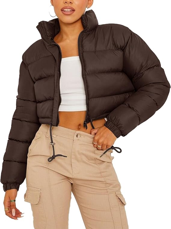 PEHMEA Women Cropped Puffer Jacket Winter Warm Zip Up Bubble Coat