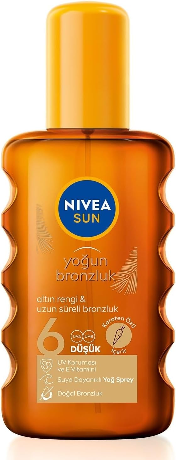 NIVEA SUN Karoten Özlü Yoğun Bronzlaştırıcı Güneş Yağ Sprey 200ml, E Vitamini,Doğal ve Altın Rengi Bronzluk