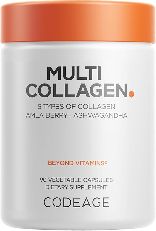 Codeage Multi Collagen Peptides Protein Capsules, 5 Collagen Types, Grass-Fed & Hydrolyzed Bovine Collagen Pills Supplement, Ashwagandha, Amla Berry Vitamins, Collagen Peptides - 90 Capsules | Five collagen types (I, II, III, V, X) from bovine, chicken, fish and egg, with ashwagandha and amla berry.