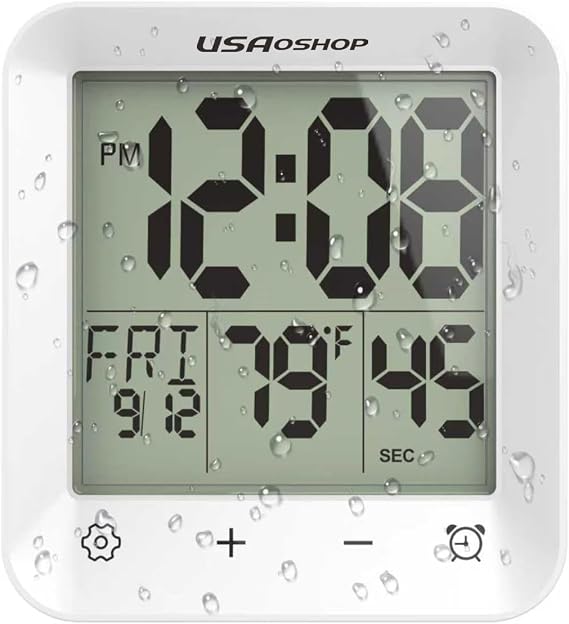 Waterproof Shower Clock Bathroom Wall Clock Digital Kitchen Timer with Temperature, Calendar, Suction Cup Hanging Hole Stand for Spa Cook Bath Cooking