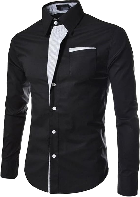 Men Fashion Contrast Striped Decorative Shirt Plaid Collar Button Shirt Casual Cotton Long Sleeve Dress Shirt (Black,Large)