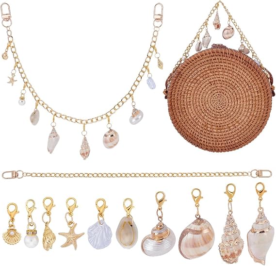 PH PandaHall 40cm Sea Shell Bag Chain for Women Ocean Starfish Beachy Bag Charm, Ocean Theme Bag Charm Chain with 20pcs Seashell Pearl for Handbag Purse Shoulder Bags, Pendant: 13~37mm