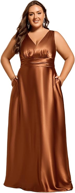 Ever-Pretty Plus Women's Sleeveless Satin Plus Size Formal Gowns Summer Bridesmaid Dresses Empire Waist with Pockets