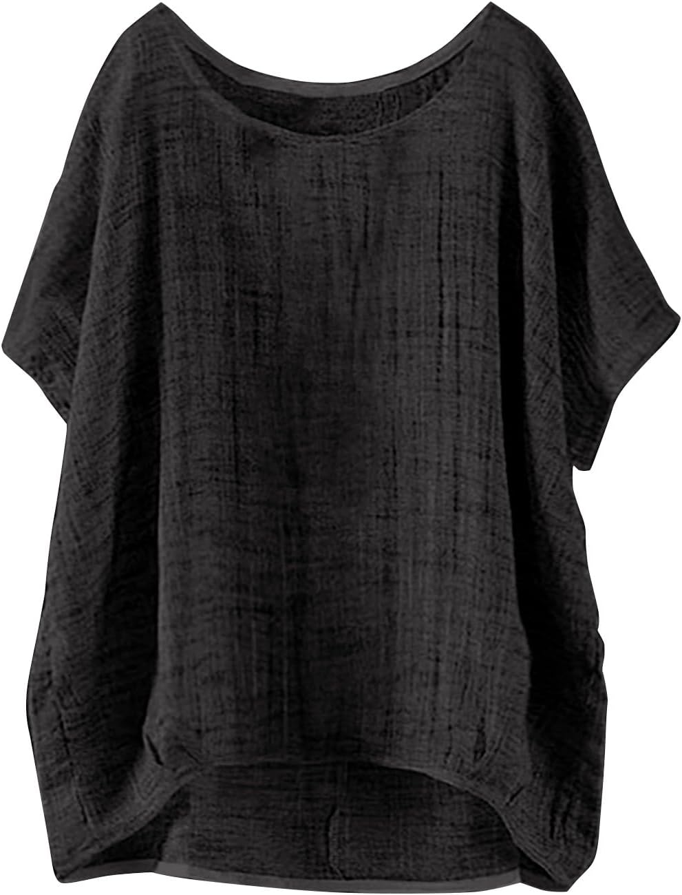 Miyaomn Womens Casual Linen Shirts Oversized Short Sleeve Crewneck Loose Fit Tees Blouse Summer Lightweight Solid Tunic Tops