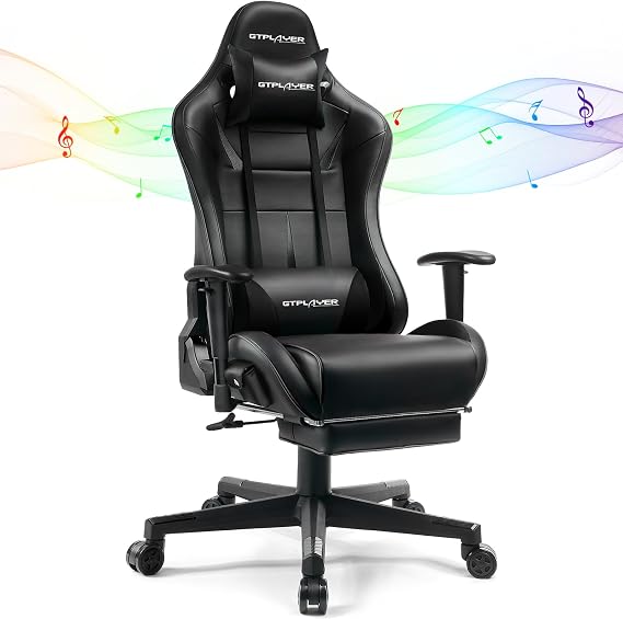 GTPLAYER Gaming Chair with Speakers, Video Game Chairs with Footrest, PC Gamer Chairs for Adults - Padded High Back Ergonomic Reclining Silla Gamer, Linkage Armrest, 909MF, Black