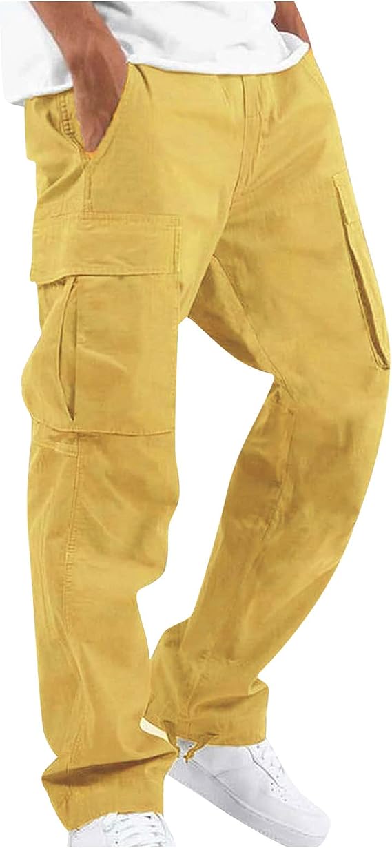 Men's Cargo Pants Relaxed fit Stretch Cargo Work Pants Drawstring Waist Straight Leg Lounge Pants with Multi Pockets