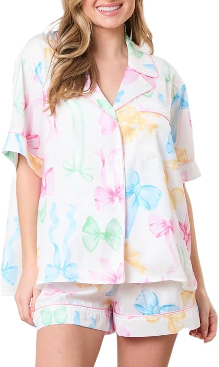 Juakoso Women Sweet Bow Pajamas Sets Short Sleeve Button Down Pjs Sets Cute 2 Piece Lounge Sets Y2k Preppy Sleepwear