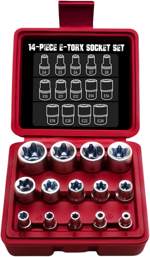 14-Piece E-Torx Socket Set, 3/8, 1/2, 1/4 Premium Ultimate Female Star Socket Set, Drive E4 - E24 External Torque Socket Kit, Gift for Men