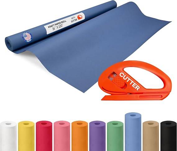 Blue Kraft Paper Roll 36" x 1200" (100 feet) with Cutter - USA-Made Wrapping Paper for Packing, Moving, Shipping & Crafts/Arts - 100% Recyclable Natural Craft Material by IDL Packaging