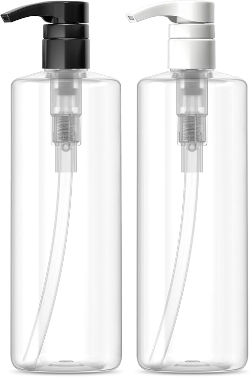 Bar5F Plastic Lotion Bottles with Black & White Pumps, 16 oz | Leak Proof, Empty Clear Cylinder, Refillable, BPA Free for Shampoo, Moisturizer, Face Cream, Liquid Hand Soap | Pack of 2