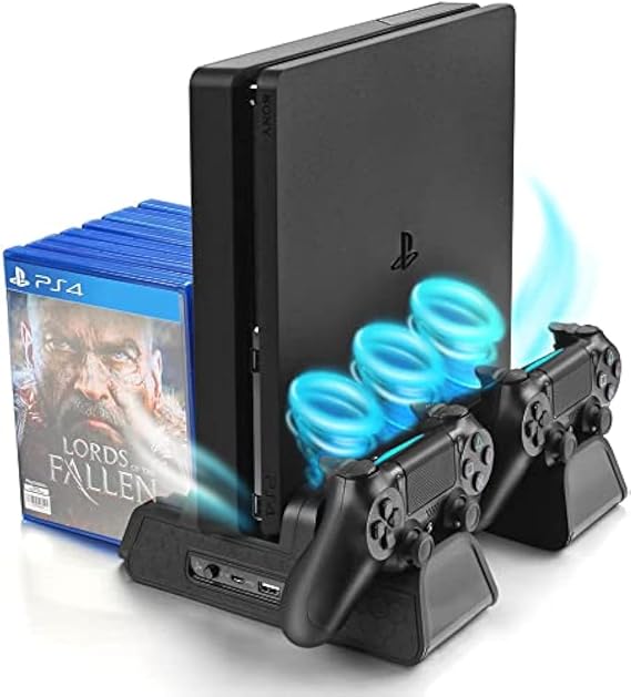 Vertical Stand for PS4/PS4 Slim/PS4 Pro, Black | Cooling Fan, Controller Charging Station, 12pcs Game Storage, PlayStation 4 Charger