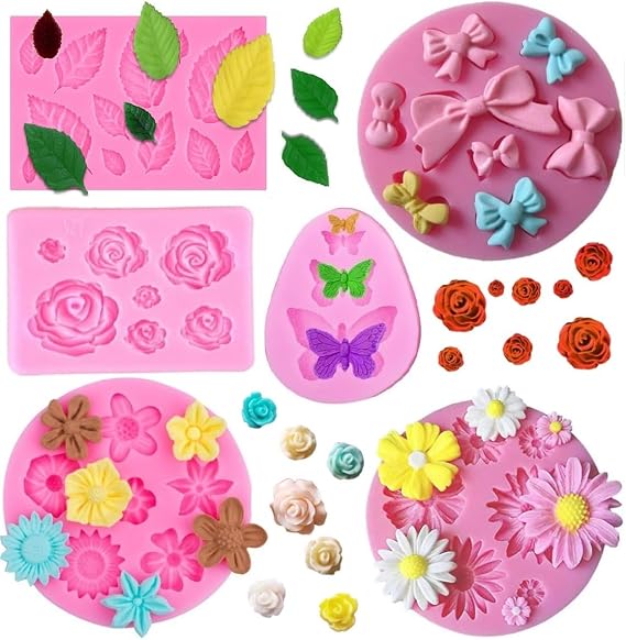 Flower Fondant Silicone Molds Leaf Bow Bowknot Daisy Butterfly Chocolate Mold for Cake Decoration,Candy,Polymer Clay, Soap,Resin Confectionery Projects