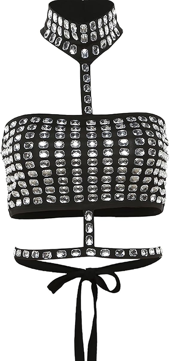 Womens Crop Tank Tops Cute Rhinestone Backless Tops Going Out Outfits Y2k Summer Halter Tube Top