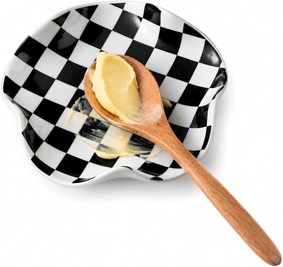 Miamolo Spoon Rest for Stove Top, 5.3in Checkered Spoon Holder Utensil Rest, Ceramic Spoon Rests for Coffee Bar, Kitchen Gadget Cooking Gift for Housewarming - Heat Resistant & Dishwasher Safe