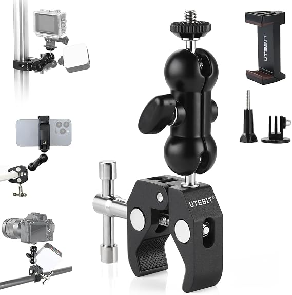 UTEBIT Super Clamp Camera Mount with 360 Ballhead Magic Arm, Black | Super Clamp Mount with 1/4" and 3/8" Thread, Desk/Bike/Bicycle/Motorcycle/ Handlebar for GoPro, Phone, Camera, Monitor